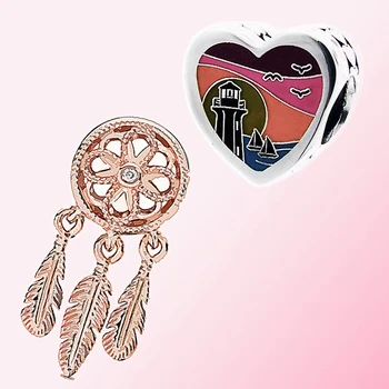 

New 100% 925 Sterling Silver 1:1 Rose Gold Sparkling Dreamcatcher Charm Lighthouse Heart Beaded Fit DIY Bracelet Jewelry