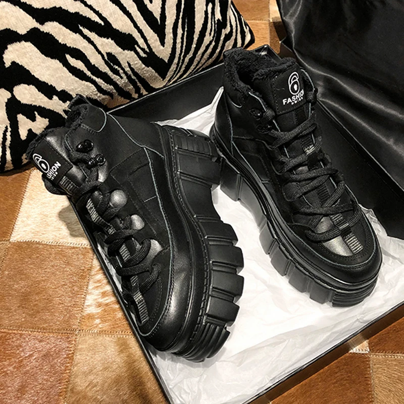 RY-RELAA женские кроссовки; коллекция года; модная роскошная дизайнерская обувь для женщин из натуральной кожи; стильные кроссовки на платформе; повседневная женская обувь - Цвет: Black plus velvet