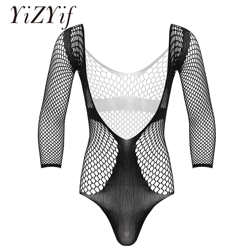

Sexy Mens Bodystockings One-piece Hollow Out Netted lingerie bodysuit Deep V Front Long Sleeves See-through Stretchy Nightwear