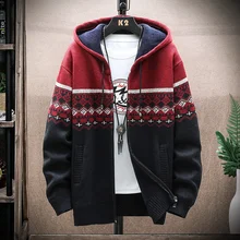 Men's Autumn Korean Hooded Thick Sweaters With Velvet Cardigan 2021 Knitted Sweatercoats Patchwork Jacket Male M-3XL Clothes Men