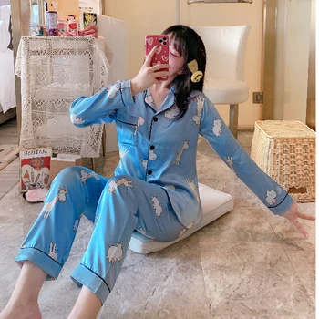 

2020 Autumn Women's Pajamas Sets with Flower Print Fashion Luxury Female Faux Silk Two Pieces Shirts + Pants Nighties Sleepwear