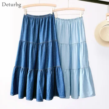 

Women's Elegant A-Line Denim Midi Skirt Korean Female High Waist Washed Jeans A-Line Skirts Faldas 2020 Summer Autumn SK557