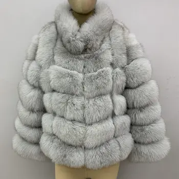 

2019 true fur coat Women's warm and stylish natural fox fur jacket vest Stand collar long sleeve leather coat Natural fur coats