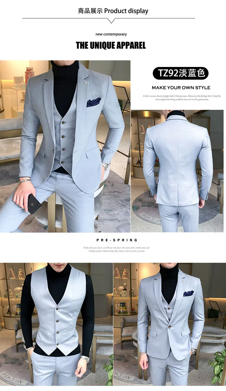3 Pieces Suits Jackets+Pants+Vest Wedding Dress Suits For Men Blue Plaid Formal wear Suits New Men Slim Groom Suits Size XS-5XL