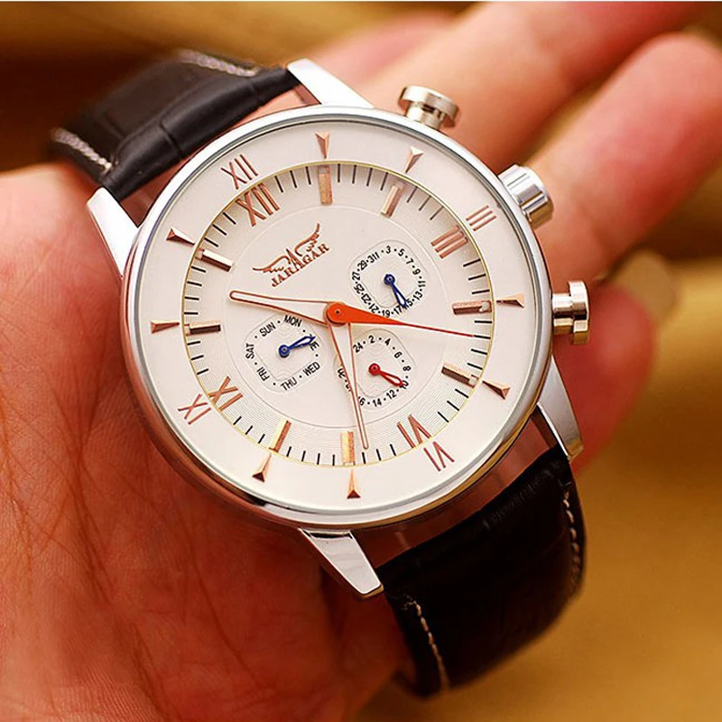 JARAGAR Brand Automatic Mechanical Watch Mens Fashion Dress Wristwatches Black Rose gold Dial Leather Band Watch 24 H Auto Date 