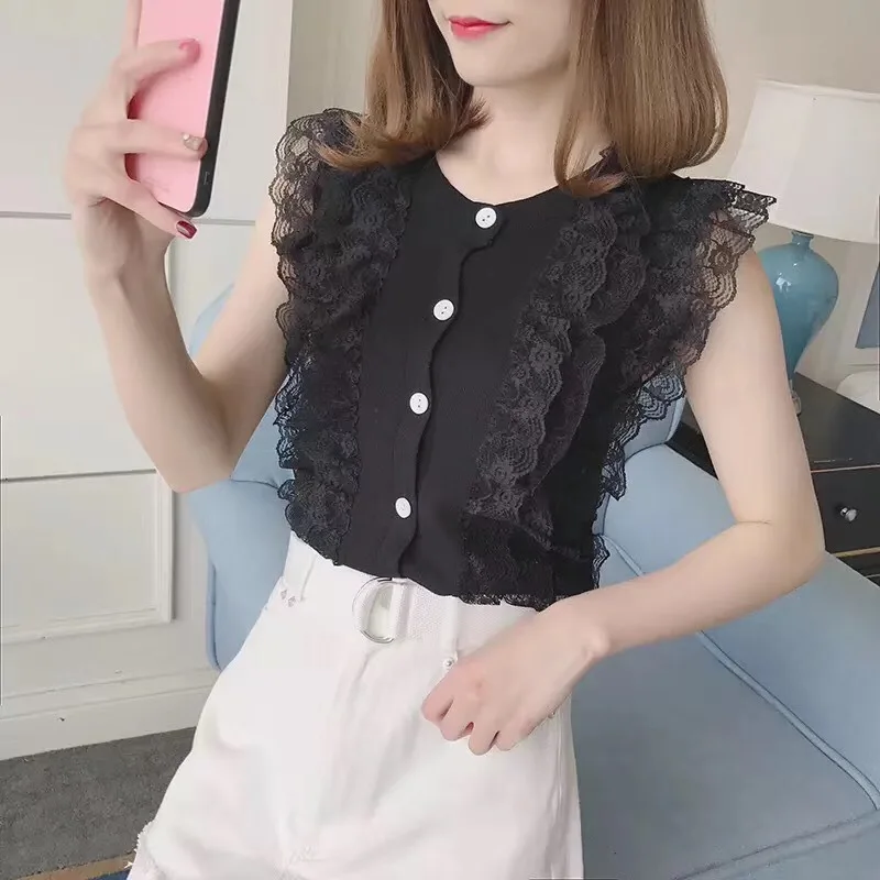 

2018 Summer New Style Korean-style Lace Joint Short Cardigan Sleeveless Sweater Vest Tops