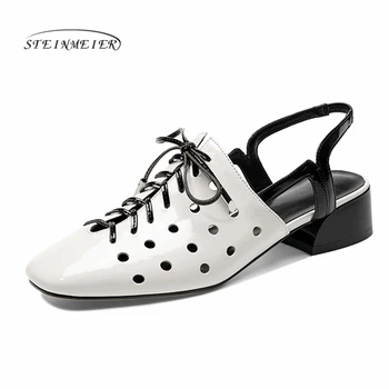 

Genuine Leather Lady Shoes Peep Toe Sandals Handmade Pumps Elegant Square flat Heel solid Autumn Women Shoes 2020 summer