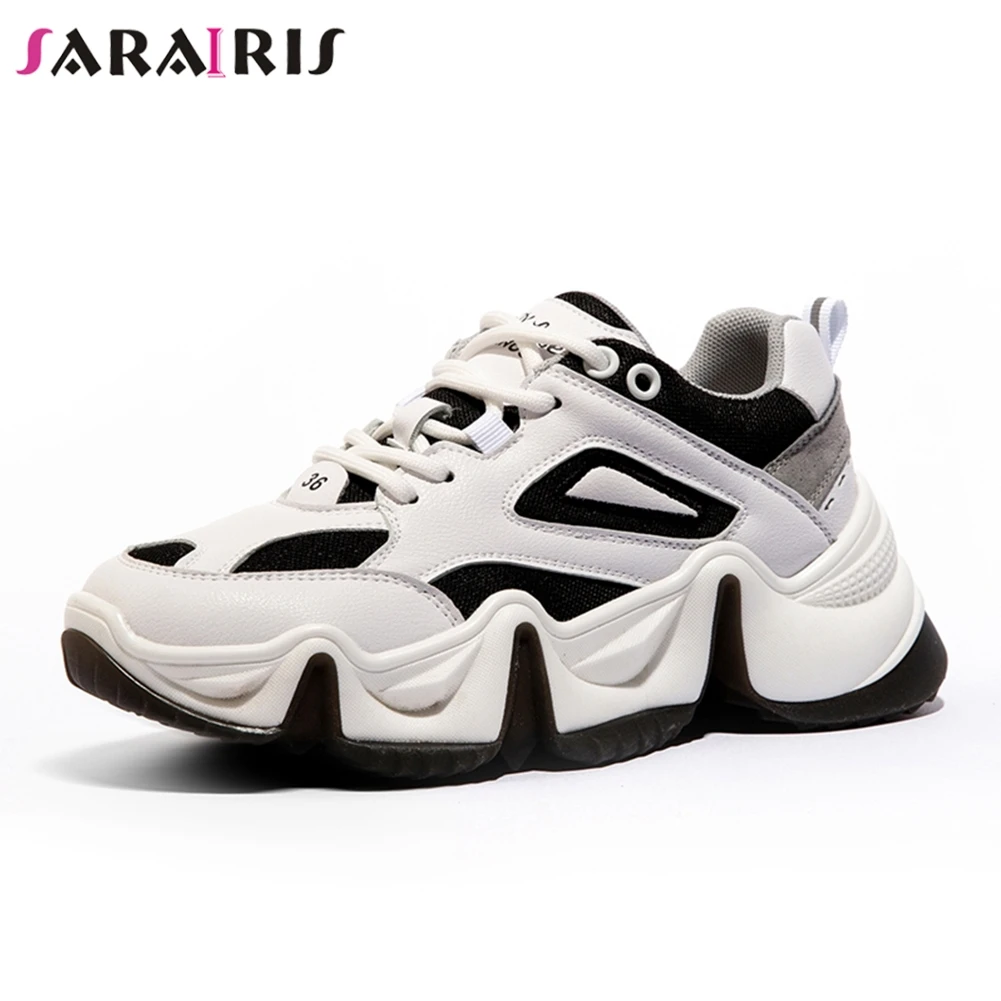 

SARAIRIS New Arrival Autumn Whole Genuine Leather Sneakers Women 2019 INS Hot Concise mixed-color Flats Girl Dad Shoes Woman