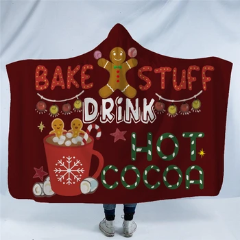 

Fashion Merry Christmas Print Hooded Blanket Winter Warm Fleece Bedding Sofa Throws Wareable Blankets For Adults Kid