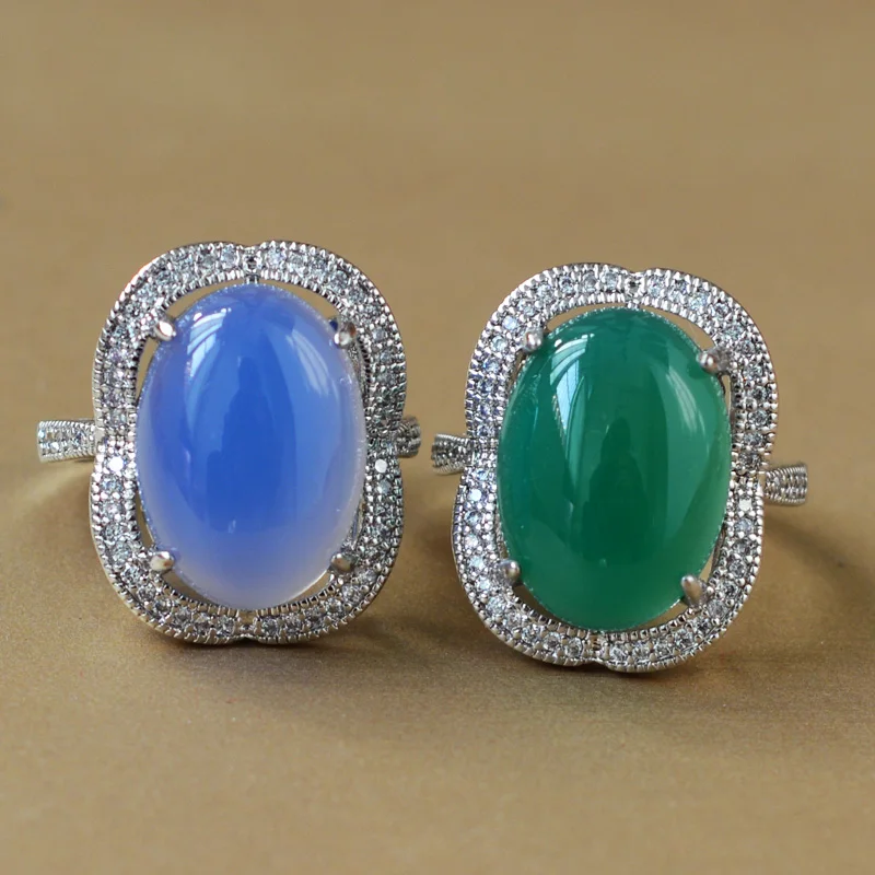 Прямая поставка Женское кольцо с голубым халцедоном натуральный зеленый агат