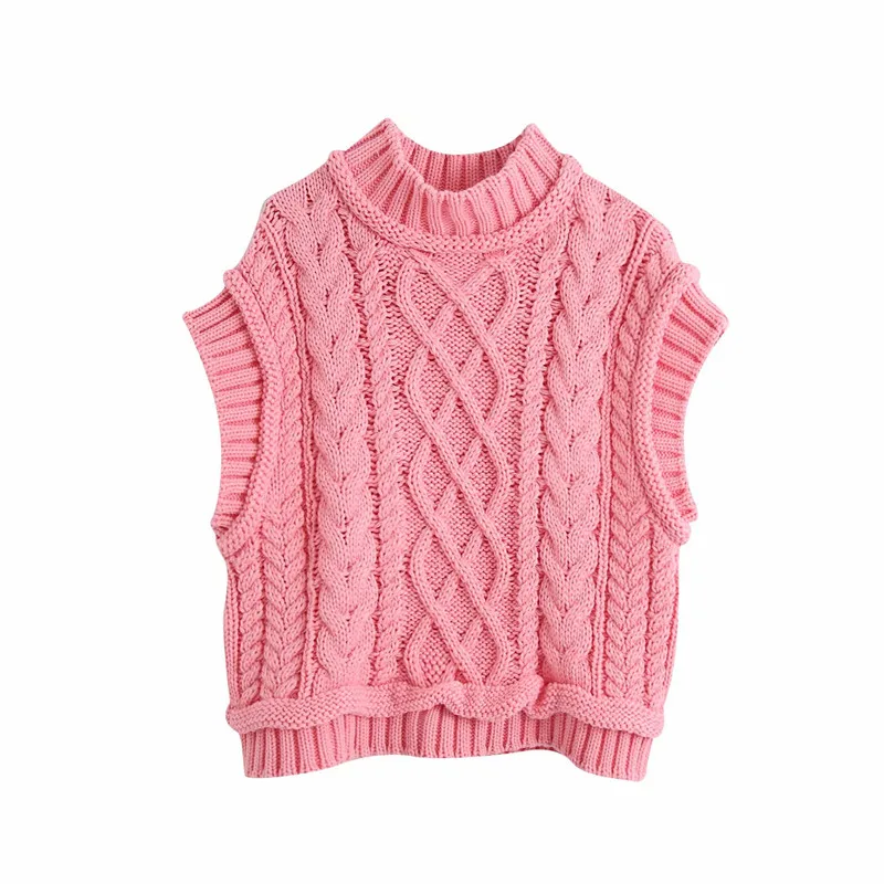 Evfer Women Casual Za Turtleneck Pink Knitted Pullover Vest 2020 Autumn Chic Lady Sleeveless Sweaters Girls Cute Jumpers | Женская