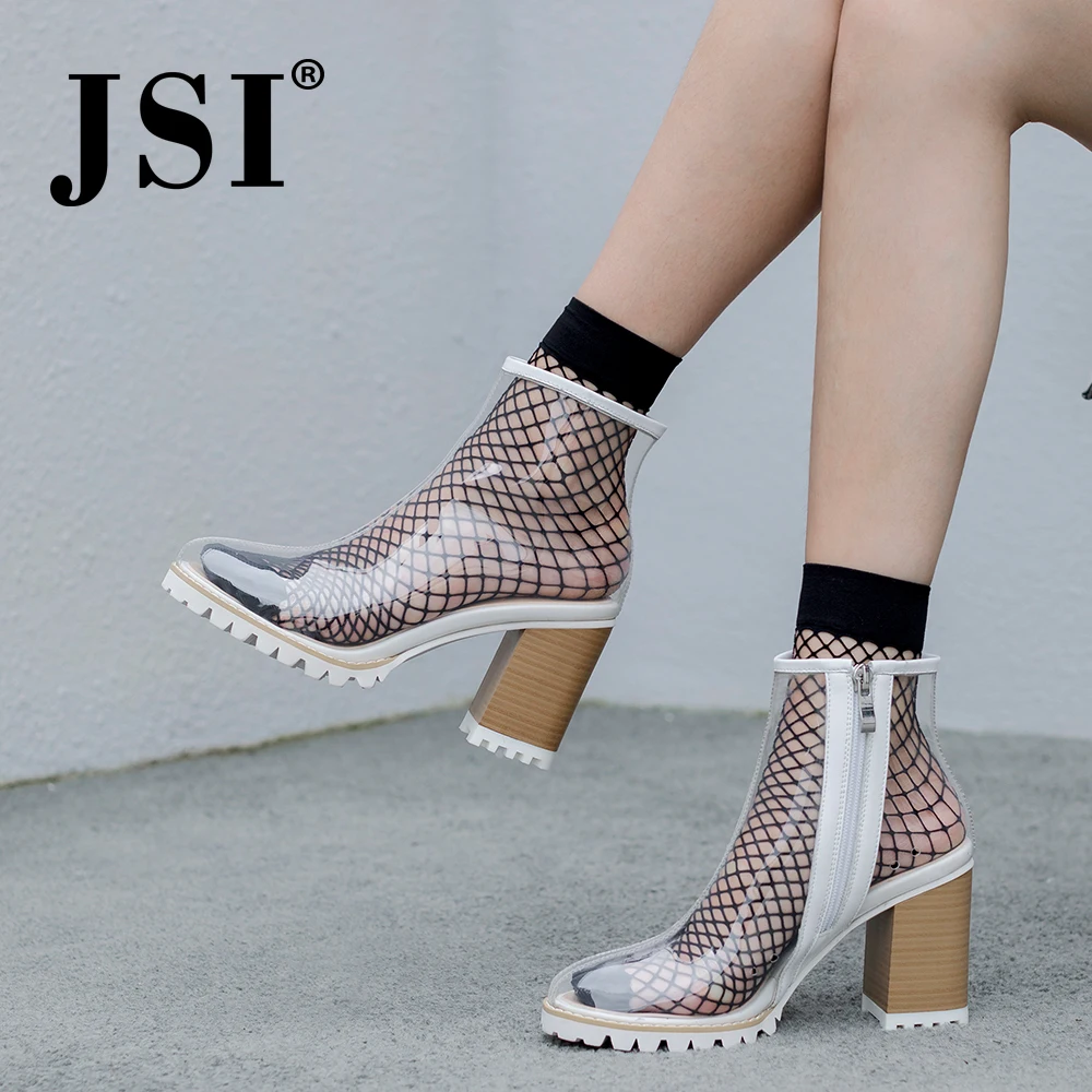 

JSI Summer Ankle Women Boots Slip-On Round Toe Ladies Shoes Square Heel High Heel PVC Handmade Fretwork Basic Women Shoes JE3