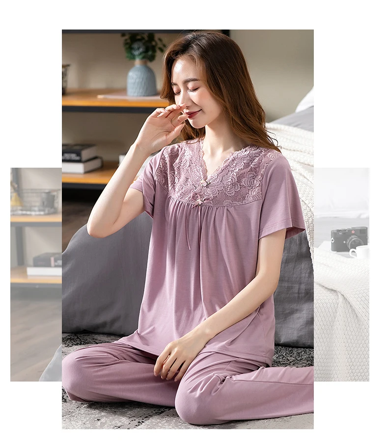 sexy pajama sets for women Women Pajama Sets Modal Cotton Pijamas Mujer Sleepwear Lady Short Sleeve Summer Nightwear Femme 2 Pieces Sets Lace Homewear XXXL womens pyjama sets