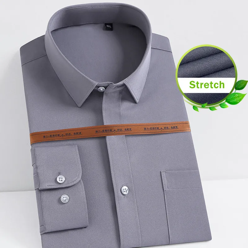 Stretch Black Men\'s Dress Shirts For Man Long Sleeved Shirt Classic Solid Slim Fit Camisa Social Business White Blue Men Shirt