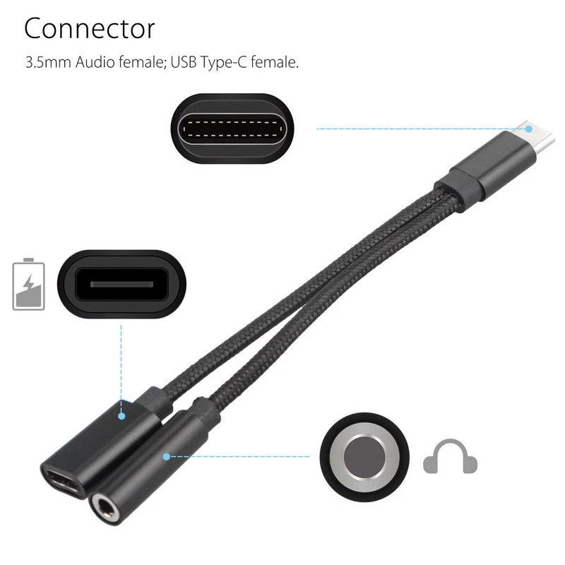 Плетеный 2in1 Тип usb C до 3,5 мм Джек аудио Разветвитель USB C наушники кабель, адаптер для зарядки USB-C до 3,5 на обоих концах для подключения внешних устройств к автомагнитоле адаптер