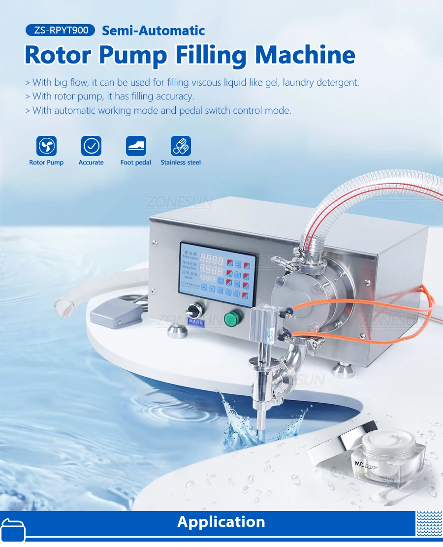 ZONEPACK ZS-RPYT900 Semi-Automatic Rotor Pump  Filling Machine Gel Laundry Detergent Hand Sanitizer Liquid Water Bottle Filler