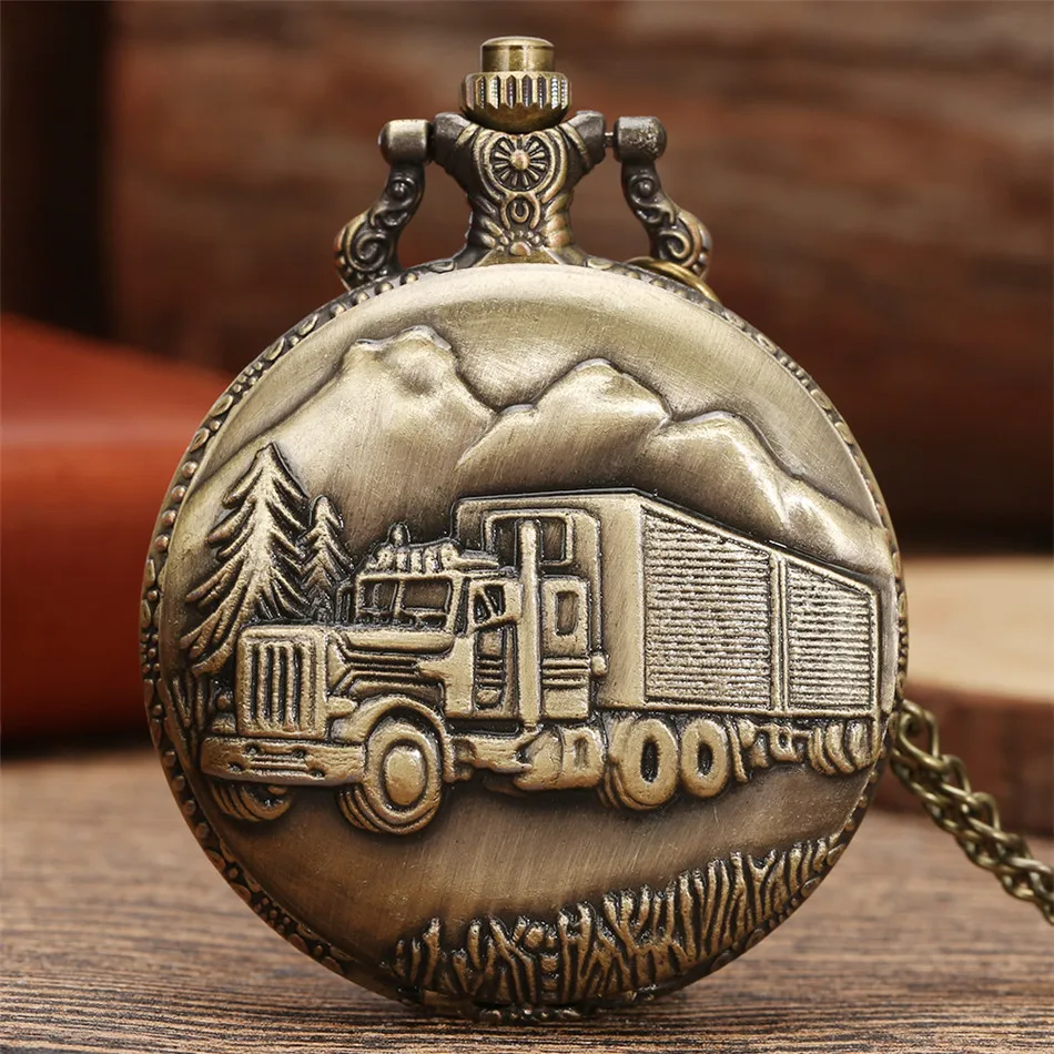 Pocket-Watch Retro Vintage Chain Bronze Truck Big with for Car-Truck-Driver Forest-Tree
