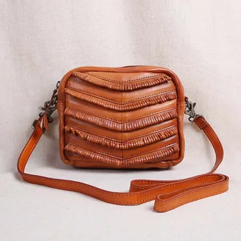 

Retro women bag leather art shoulder bag messenger bag head layer cow leather tassel mini bag small square bag