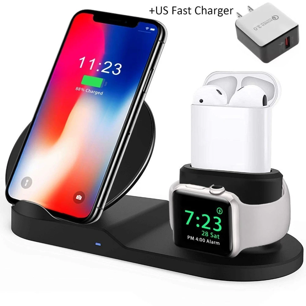 With US Adapter Qi Беспроводное зарядное устройство Быстрая зарядка для iPhone 8 X XS Max XR Apple Watch 4 3 2 Airpods 10W быстрое зарядное устройство для Samsung S9 S8 S7 - Тип штекера: With US Adapter