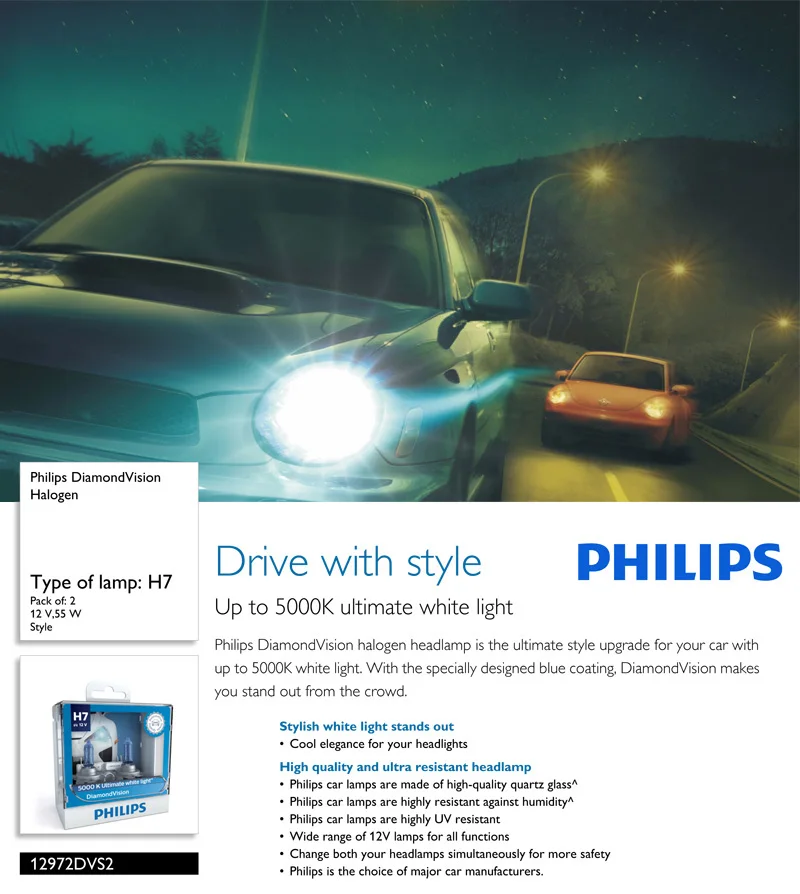 Philips H7 12V 55W PX26d алмазное видение 5000K супер белый свет Галогенные лампы авто фары 12972DV S2, пара