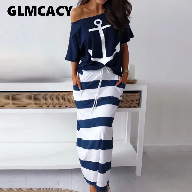 Women Summer Plus Size Elegant Vacation Two-pieces Suit Sets Ladies Boat Anchor Print T-Shirt &amp Striped Maxi Skirt |