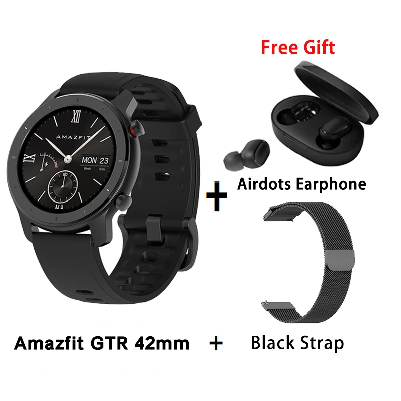 Глобальная версия Amazfit GTR 42 мм Смарт-часы AMOLED дисплей 5ATM женские и мужские умные часы gps и ГЛОНАСС BT5.0 для Xiaomi Phone IOS - Цвет: B add black strap