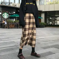 Длинная женская юбка Харадзюку, клетчатая юбка с высокой талией, Женская винтажная новинка, для женщин, Kawaii, корейская мода, элегантная