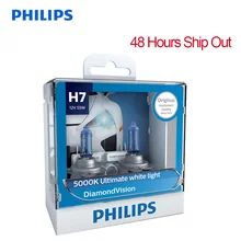 Philips H7 12V 55W PX26d Diamond Vision 5000K Super White Light Halogen Bulbs Auto Headlight 100% Original 12972DV S2, Pair
