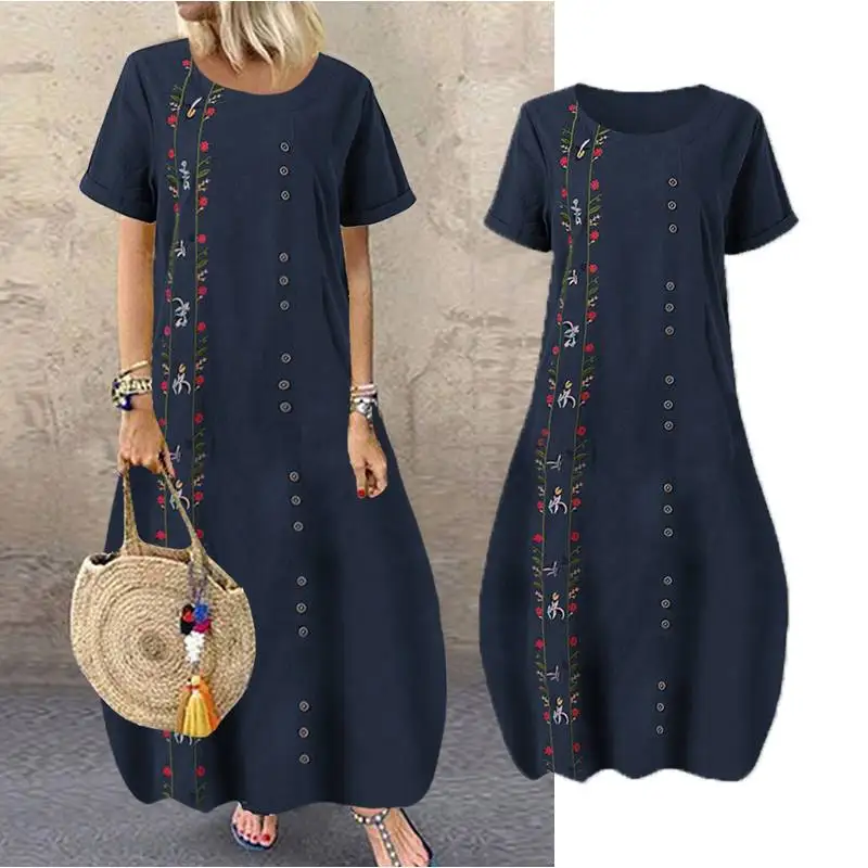 

2020 Summer Sundress Women Embroidery Short Sleeve Vestidos Bohemian Flowers Dresses Cotton Linen Casual Dress Beach Party Robe