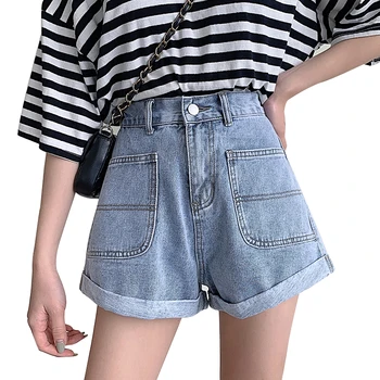 

2020 new summer shorts women vintage large pocket denim shorts cotton loose high waist Flanging stretch denim hot pants female