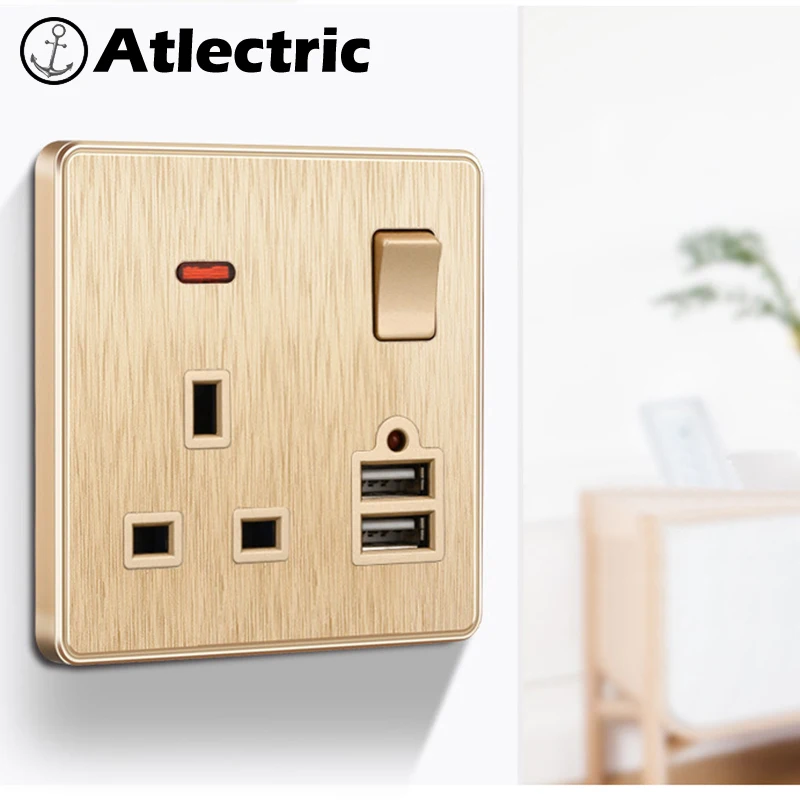 Atlectric штепсельная вилка стандарта Великобритании розетка двойной Великобритании переключатель розетка управления 13A настенный, мощность светодиодный индикатор алюминиевая панель розетки