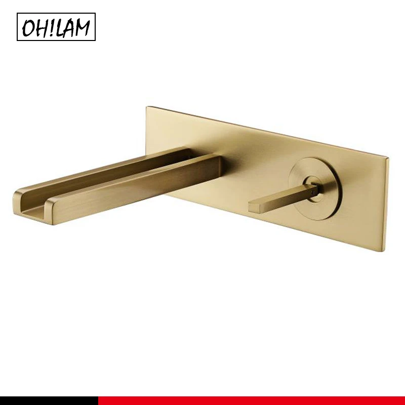 Gold Luxury Bathroom LED Sink Faucet Waterfall Wall Mount Mixer Faucet No Battery Color Changing Water Temperature Basin Faucet
