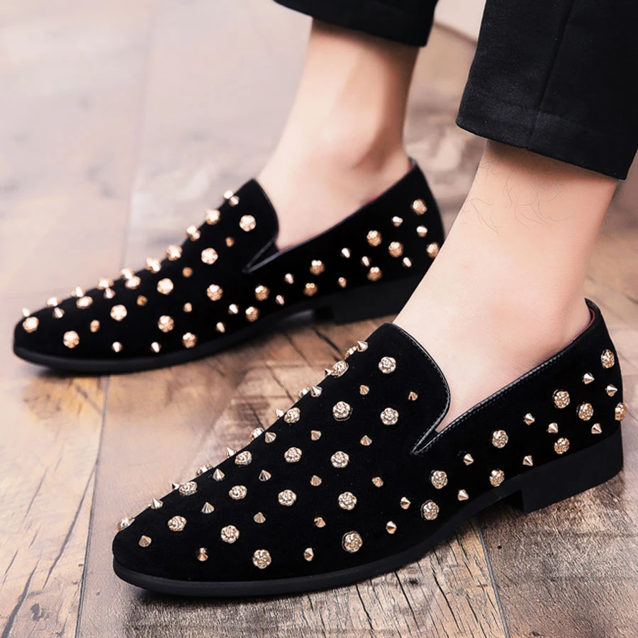 Zapatos de punta de tachuelas para hombre, mocasines originales de cristal brillante, zapatos vestir para hombre, remaches brillantes negros de lujo, zapatos de de boda|Mocasines| - AliExpress
