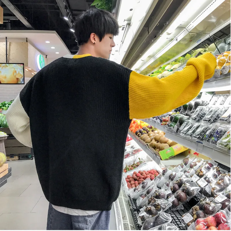 Men's sweater autumn and winter new Hong Kong style loose color matching warm sweater youth personality men's clothing