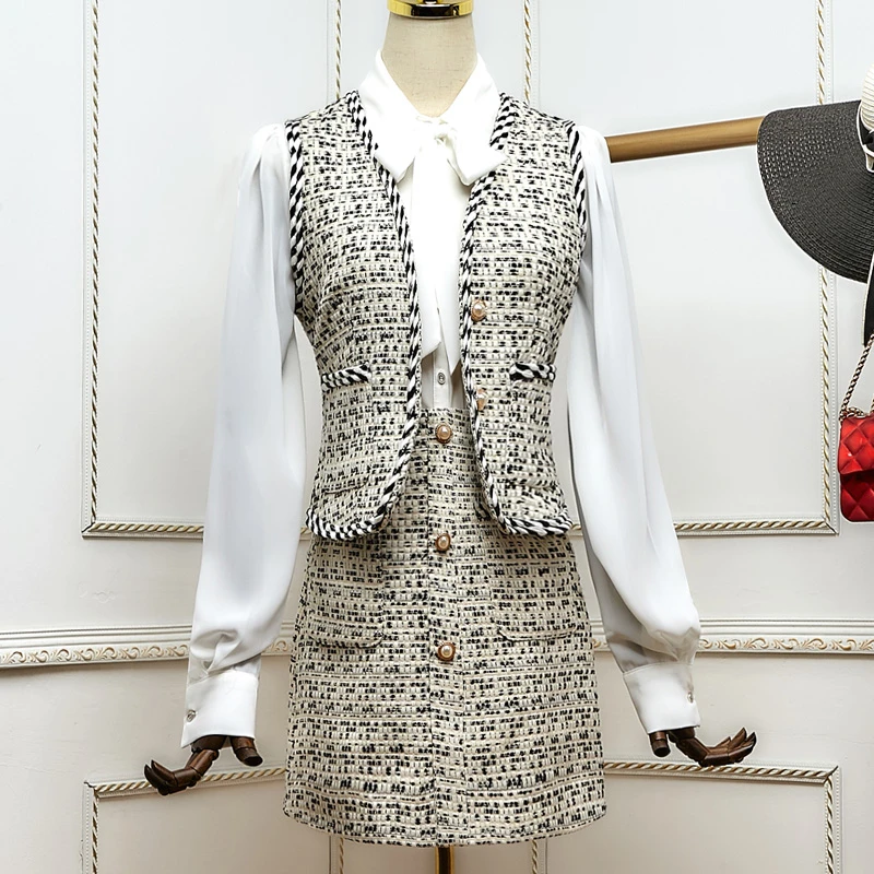 

2020 autumn winter clothes for women Bow shirt vest mini skirt set 3 piece sets womens outfits crop top chandal mujer ropa mujer