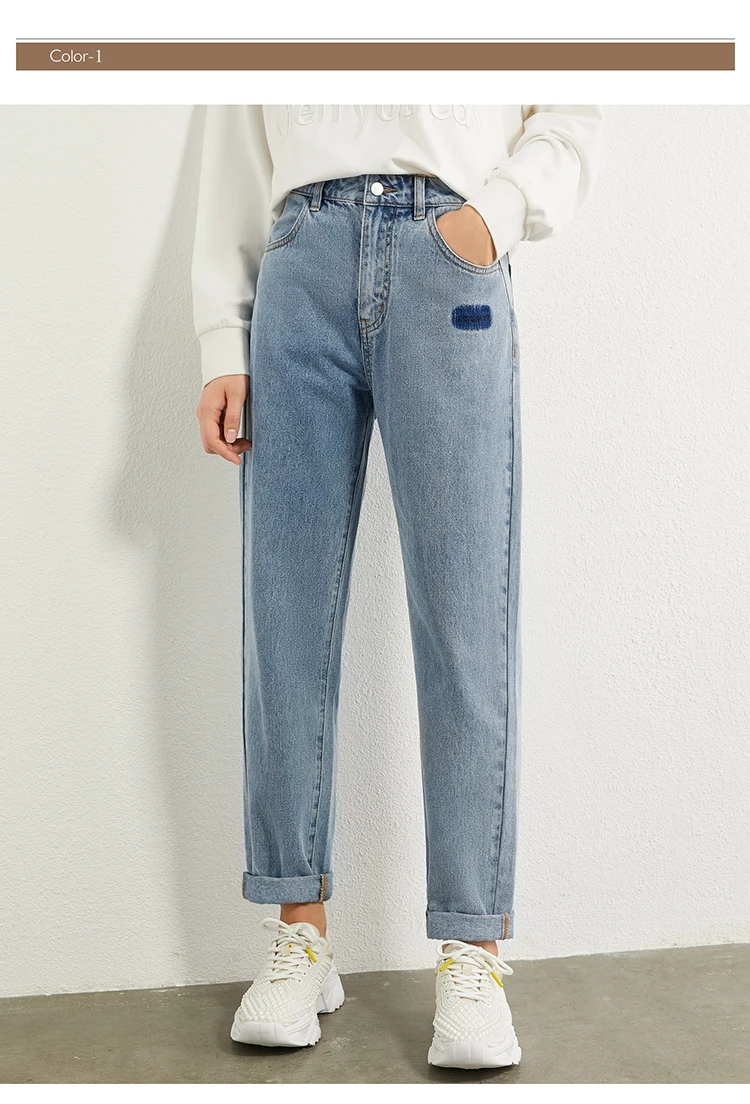 AMII Minimalism Autumn Fashion Embroidery Female Jeans Causal Cotton High Waist Straight Ankel-length Female Jeans 12070215
