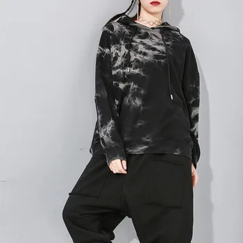 

XUXI Fashion Spring 2020 Korea Loose Fit Black Pattern Print Oversized Sweatshirt New Hooded Long Sleeve Women Big Size FZ0388