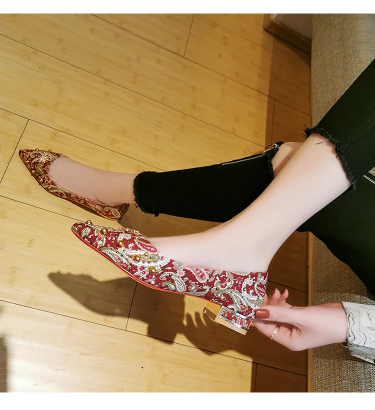 Retro Rhinestone Pearl Embellished Women Pumps Suede Leather Block Heel Vintage Formal Party Diamond Beaded Shoes