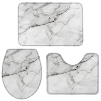 

3 Pieces Bathroom Set White Marble Bath Set Toilet Cover Mat Pedestal Rug Non-Slip Bathroom Rug Set