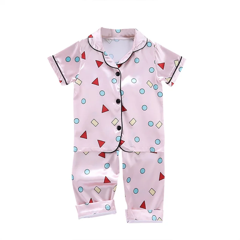 

Summer Boys Pajamas Nightwear Silk Satins Geometry Print Short Sleeve Silk Blouse Tops Pants Homewear Sleepwear Kid Pajamas Set