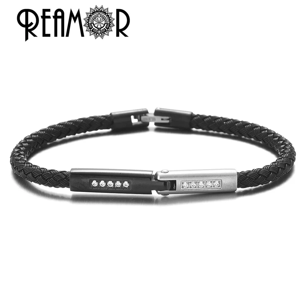PS002 Black REAMOR, высокое качество, черный, серебристый, с ЧПУ, инкрустация, циркон, соединитель, браслет, стальная проволока, сплайсинга, механические браслеты, браслеты для мужчин и женщин - Окраска металла: PS002 Black