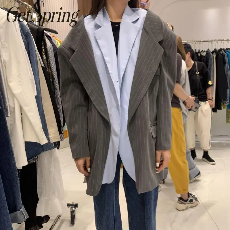 

GetSpring Women Blazer Striped Stitching Fake Two Blazer Long Sleeve Single Breasted Blazer Loose Suit Jacket Long Suit Coat New