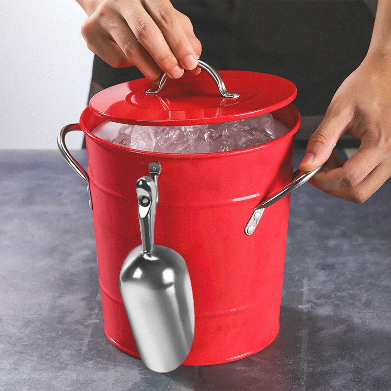 Tinplate Ice Bucket With Lid Whiskey Glass Can Cooler Beer Drink Cooler Double-Deck Bar Accessories Free Ice Shovel 3.5L
