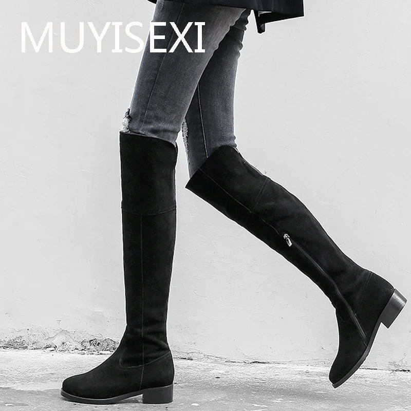 Высокие сапоги до бедра; черные женские сапоги выше колена из натуральной кожи на низком квадратном каблуке 3 см; теплые зимние Нескользящие сапоги; LDI01 muyisxi