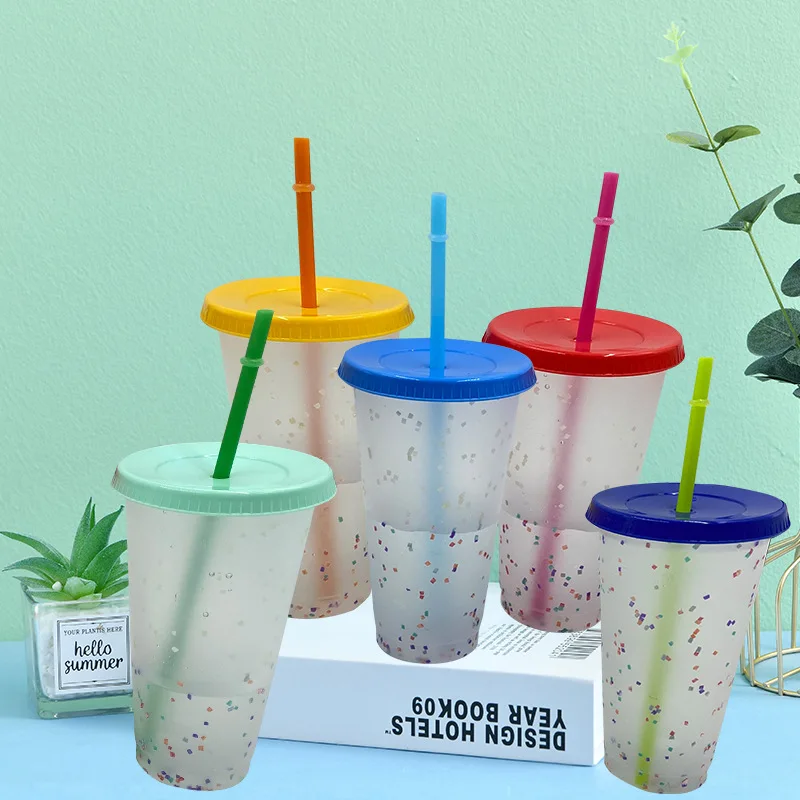 700ml Temperature Color Change Cups Magical Confetti Reusable Plastic With Lid And Straw Cup For Cold Drinks Accessories New | Дом и сад