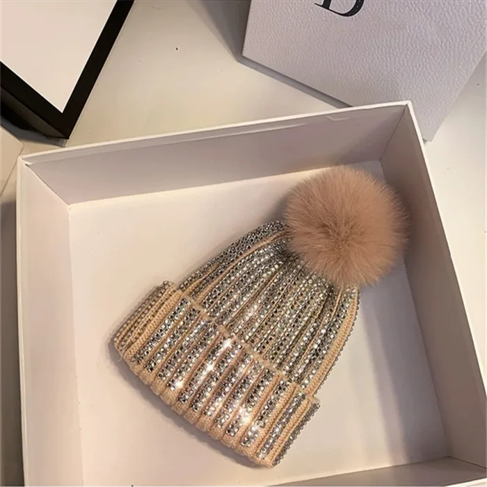 diamonds pink Горячая Распродажа, зимние женские шапки с помпонами, теплые вязаные меховые шапки с помпонами для девочек, граффити принт, настоящий помпон лисий мех Повседневная Шапка Кепка - Цвет: diamonds pink
