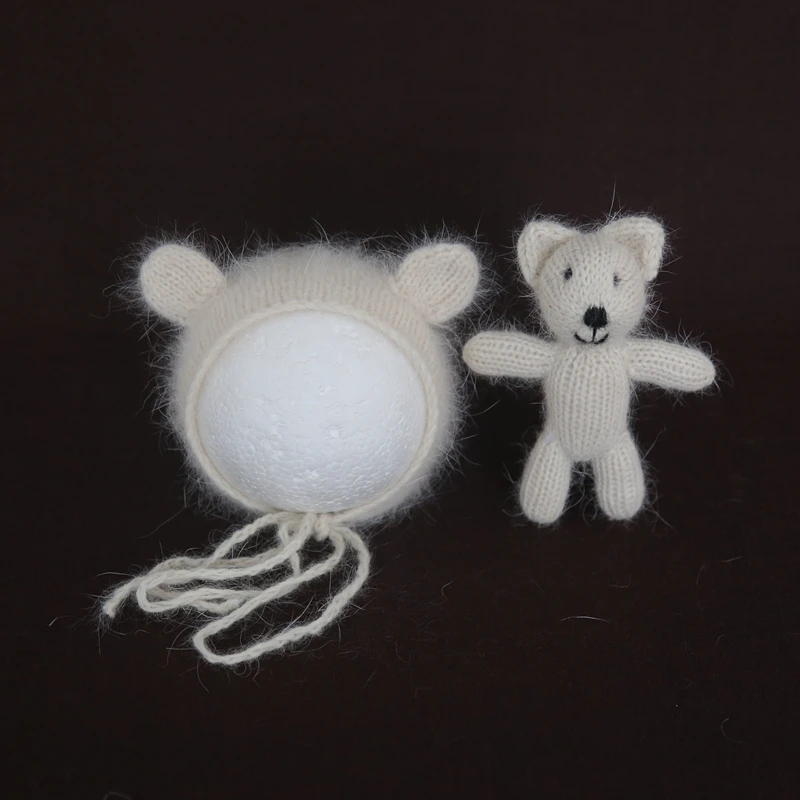 Ангорская шапочка для новорожденных, вязаная шапка с мишкой Тедди, набор одинаковых игрушек, реквизит для фотосессии, классический пушистый капот с животным, наполнитель, игрушка