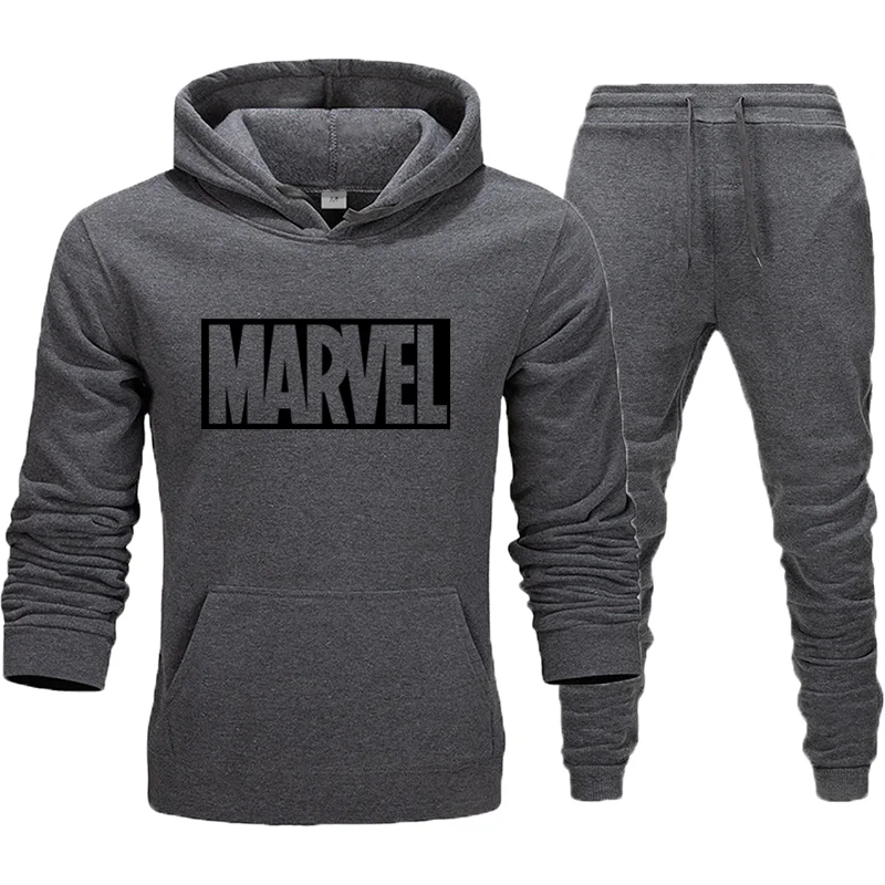 Простой модный мужской костюм с принтом Marvel, спортивный костюм, мужской спортивный костюм, флисовая плотная толстовка с капюшоном+ штаны, спортивный костюм, Азиатский размер - Цвет: Dark grey