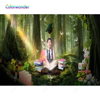 

Jungle Forest Photography Boy Sitting Under the Trees Colorful Books and Flowers Fairy Tale World Backgrounds Backdrops for Kids