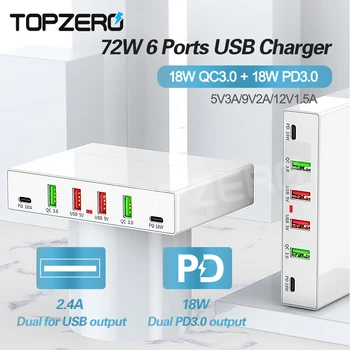 

TOPZERO 72W Fast USB Charger Dual PD QC3.0 USB Charging Station 6 Ports USB Charging Adapter For iPhone X XR Pro Huawei Samsung